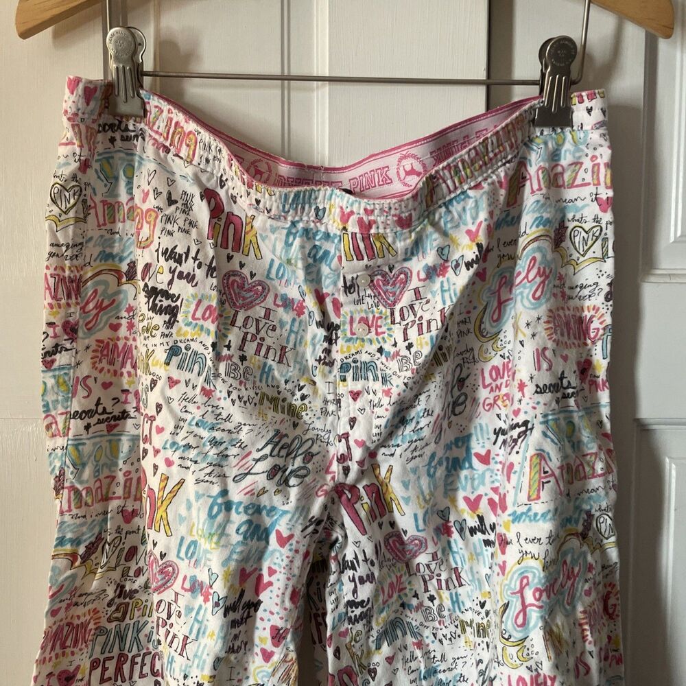 VTG Victoria's Secret PINK Doodle Graffiti Pajama Pants Lounge Y2K White Pink M - Picture 3 of 6